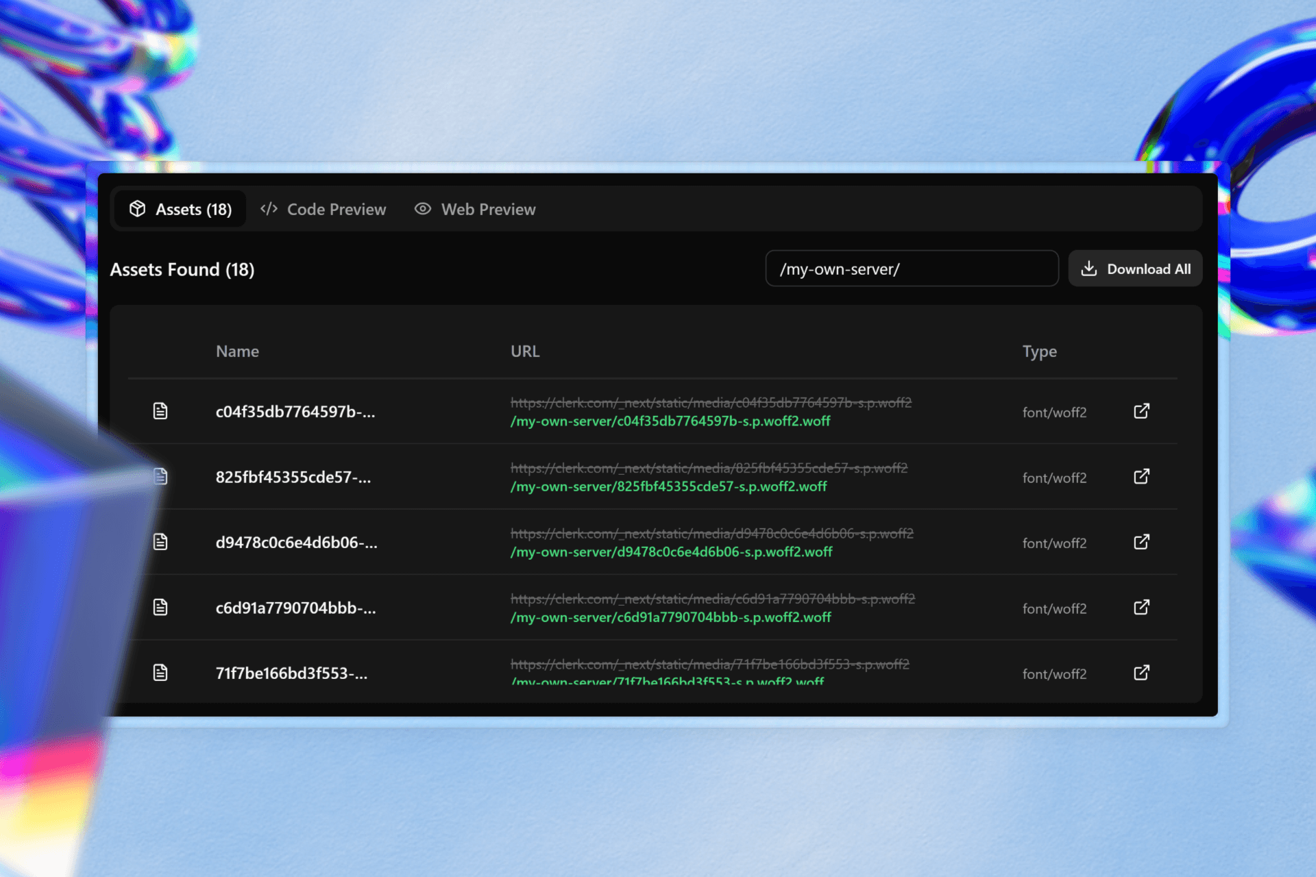 A image of the assets manager with assets items